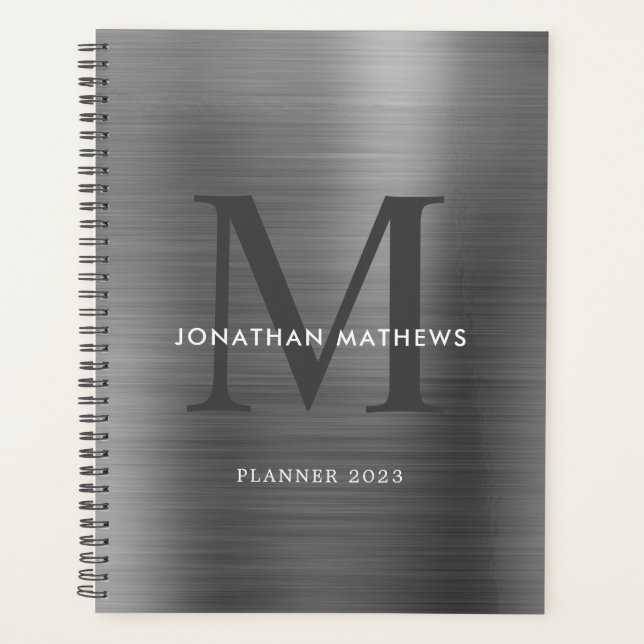 Modern Professional Brushed Metallic Gray Monogram Planner (Front)