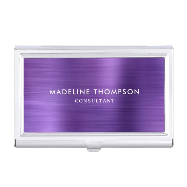 Modern Professional Brushed Metallic Purple Violet Business Card Case (Front)