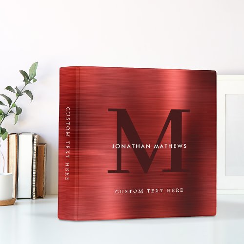 Modern Professional Brushed Metallic Red Monogram 3 Ring Binder