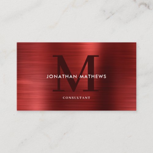 Modern Professional Brushed Metallic Red Monogram Business Card