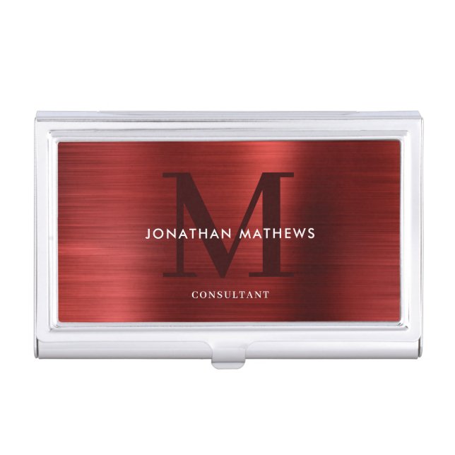 Modern Professional Brushed Metallic Red Monogram Business Card Case (Front)