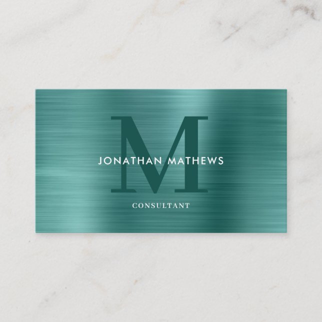 Modern Professional Brushed Metallic Teal Monogram Business Card (Front)