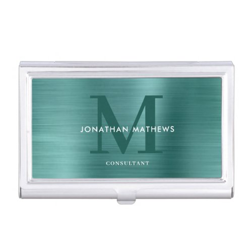 Modern Professional Brushed Metallic Teal Monogram Business Card Case