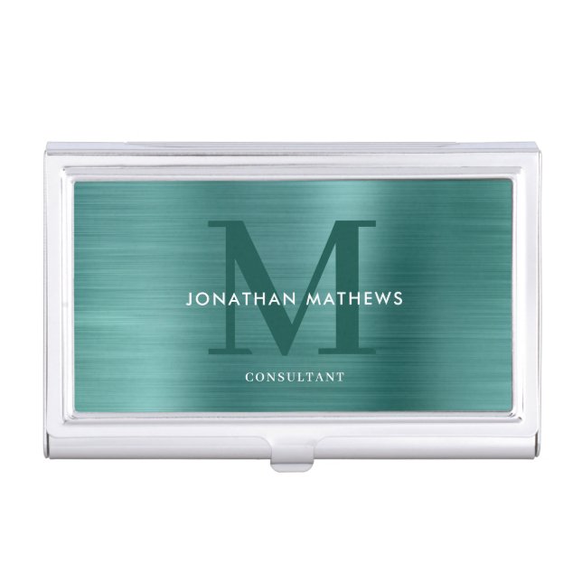Modern Professional Brushed Metallic Teal Monogram Business Card Case (Front)