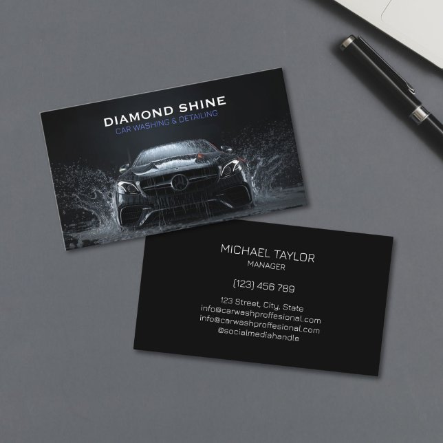 Modern Professional Car Detailing Washing Cleaning Business Card (modern luxury black sports car in the splash of water and soap foam for car detailing business)