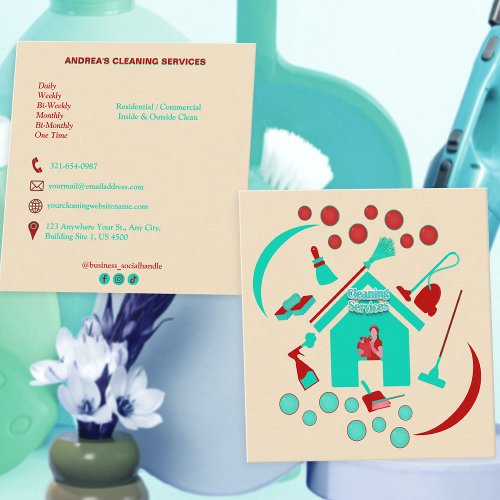 Modern Professional Cleaning Services Red and Teal Square Business Card
