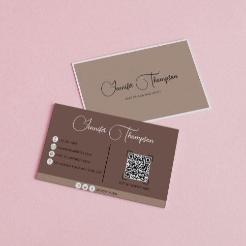Modern Professional Cream Beige and Brown QR Code Business Card