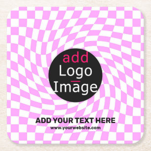 Modern Professional Custom Brand Checker Pink Square Paper Coaster