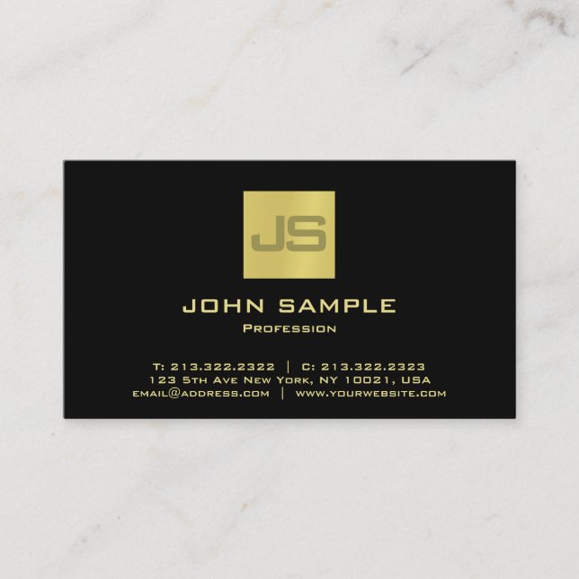 Modern Professional Elegant Black Gold Monogram Business Card (Front)