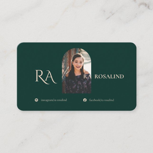 Modern Professional Emerald Green Monogram Photo Business Card (Front)