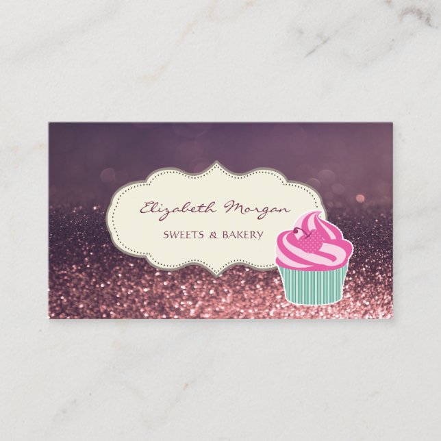 Modern Professional,Glitter Bokeh,Cupcake Bakery Business Card (Front)