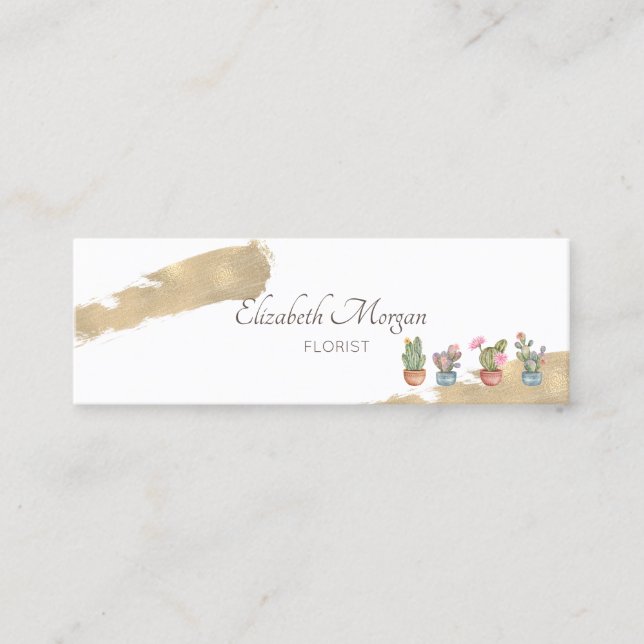 Modern Professional Gold Brush Stroke Succulents Mini Business Card (Front)