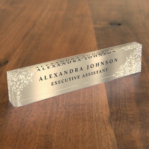 Modern Professional Gold Sparkle Glitter Desk Name Plate