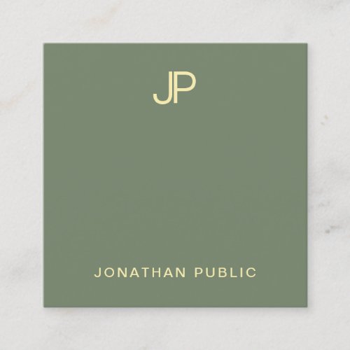 Modern Professional Green Plain Gold Monogrammed Square Business Card