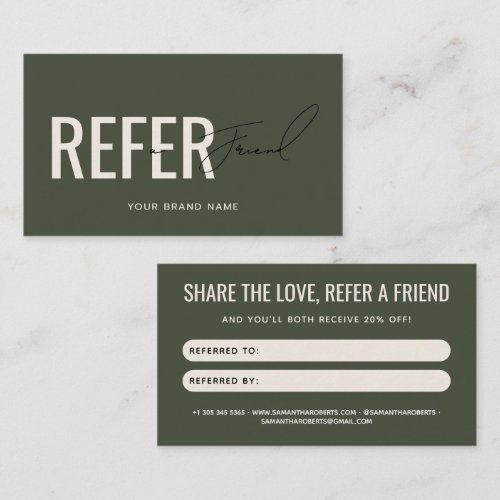 Modern professional green refer a friend referral card