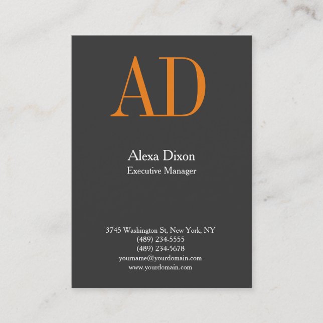 Modern professional grey orange monogram business card (Front)