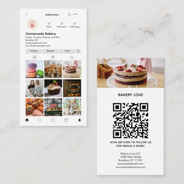 Modern Professional Instagram Photo QR Code Bakery Business Card (Front/Back)