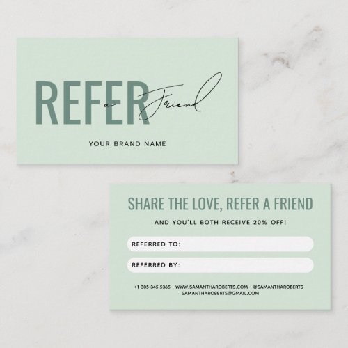 Modern professional light green refer a friend referral card