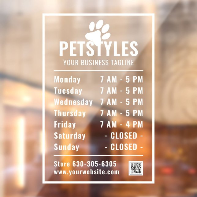 Modern Professional Logo Opening Hours White Window Cling (White modern professional logo, company name, opening times, qr code, phone number window decal.)