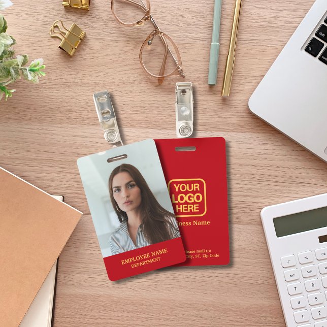 Modern Professional Logo Red Gold Employee Photo Badge (Creator Uploaded)