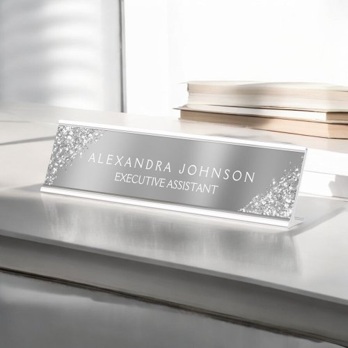Modern Professional Luxury Silver Sparkle Glitter Desk Name Plate