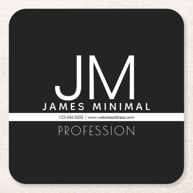 Modern Professional Minimal Design | Black & White Square Paper Coaster (Front)
