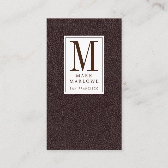Modern Professional Monogram Black Leather Effect Business Card (Front)