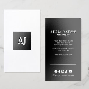 Modern professional monogram black silver foil spot gloss business cards