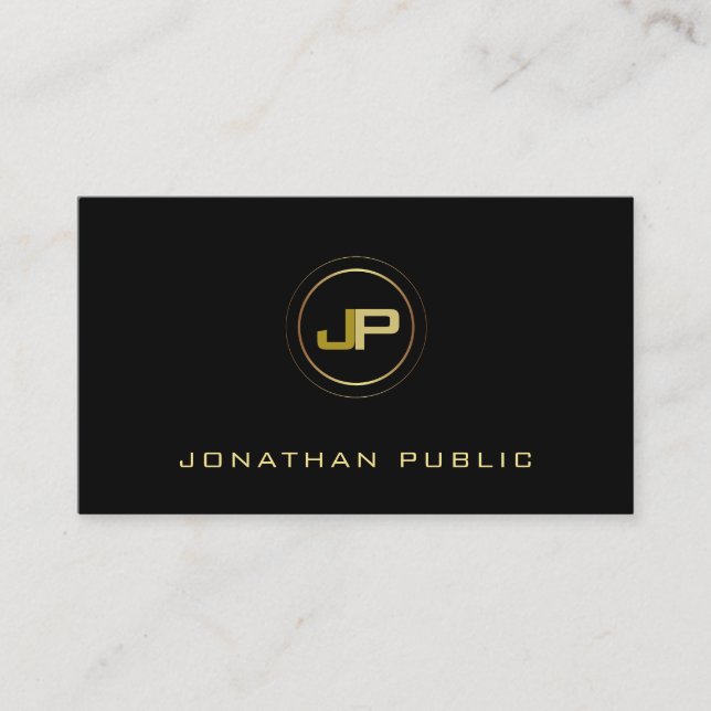 Modern Professional Monogram Elegant Black Gold Business Card (Front)
