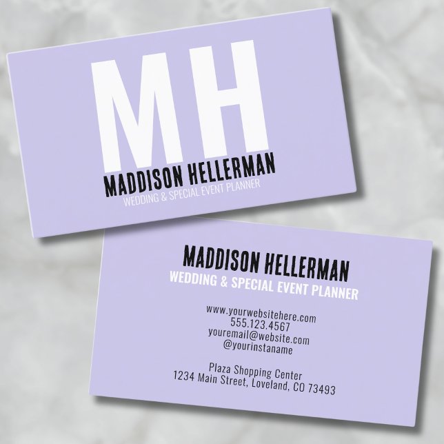 Modern Professional Monogram Purple Business Card (Girly Simple Modern Monogram Purple Business Card)