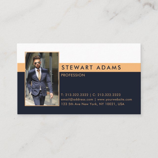 Modern professional navy blue and gold photo business card (Front)