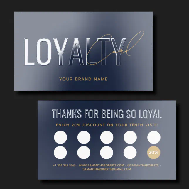 A navy blue and gold loyalty card with 10 spaces for customers to scratch off.