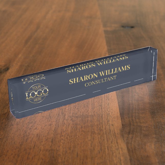 Modern Professional Navy Blue Gold Office Title Desk Name Plate (Side)