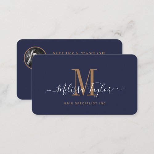 Modern Professional Navy Blue Gold Signature Business Card