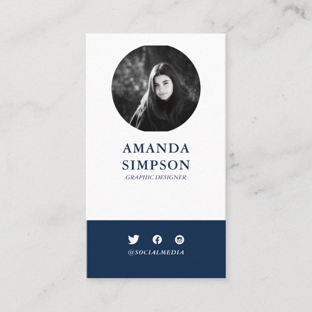 Modern Professional Navy Blue Photo Business Card (Front)