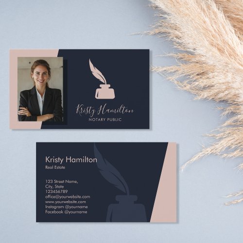 Modern Professional Navy Blush Notary Public Business Card