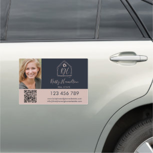 Modern Professional Navy Blush QR Code Real Estate Car Magnet