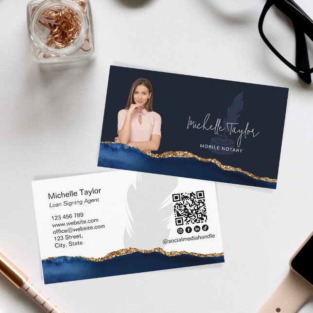 Modern Professional Navy Mobile Notary QR Code Business Card (Notary Logo Business Card)