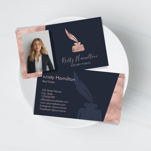 Modern Professional Navy Rose Gold Notary Public Business Card