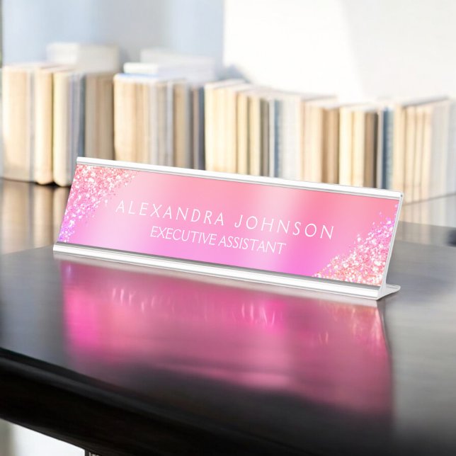 Modern Professional Orange Pink Sparkle Glitter Desk Name Plate (Creator Uploaded)