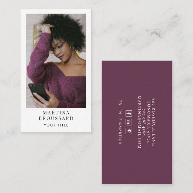 Modern Professional Photo Plum Business Card (Front/Back)