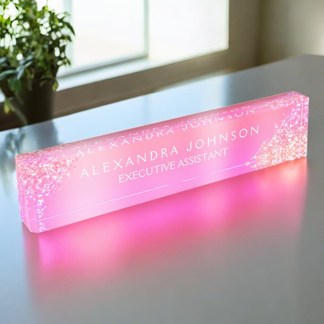 Modern Professional Pink Orange Sparkle Glitter Desk Name Plate (Creator Uploaded)