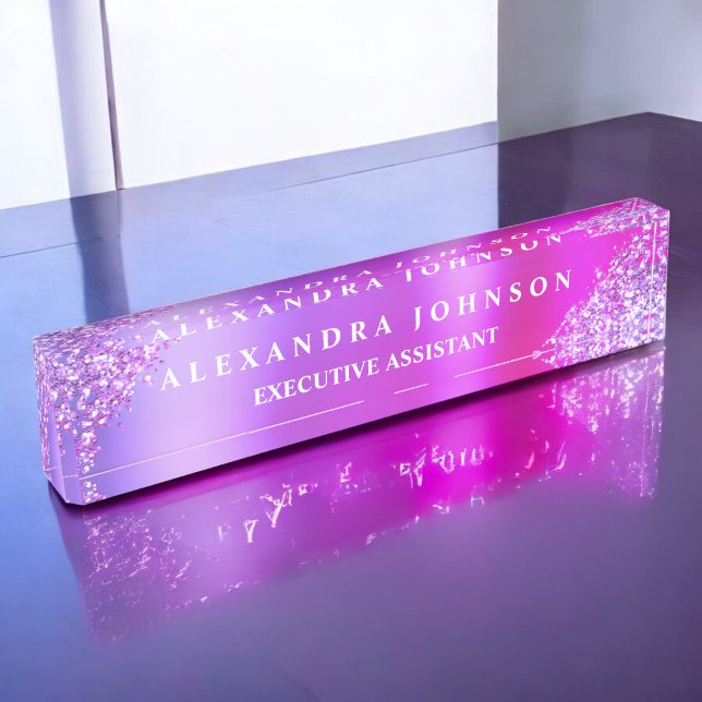 Modern Professional Pink Purple Sparkle Glitter Desk Name Plate (Creator Uploaded)