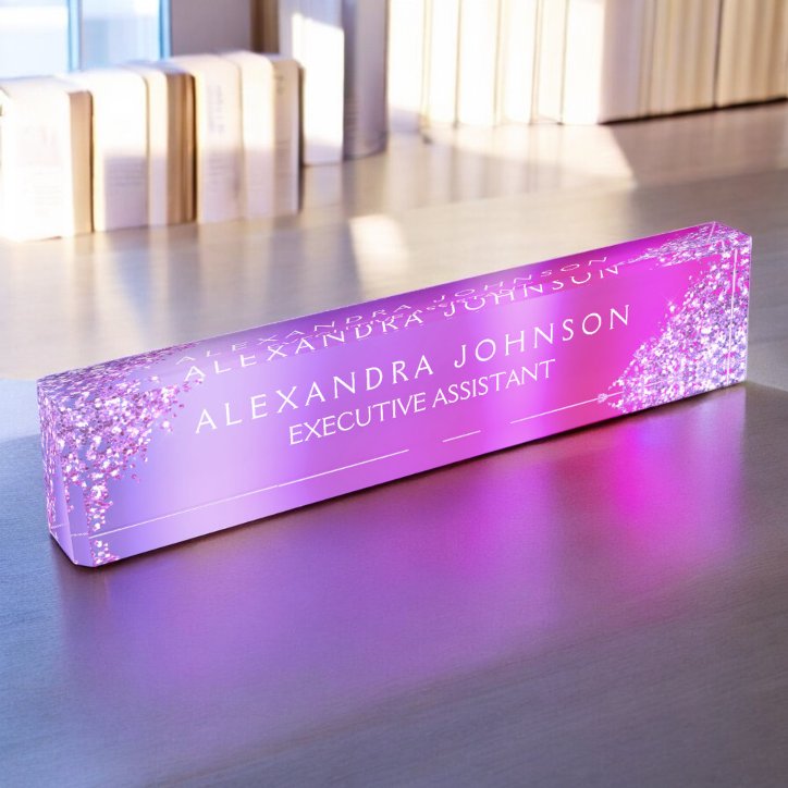 Modern Professional Pink Purple Sparkle Glitter Desk Name Plate