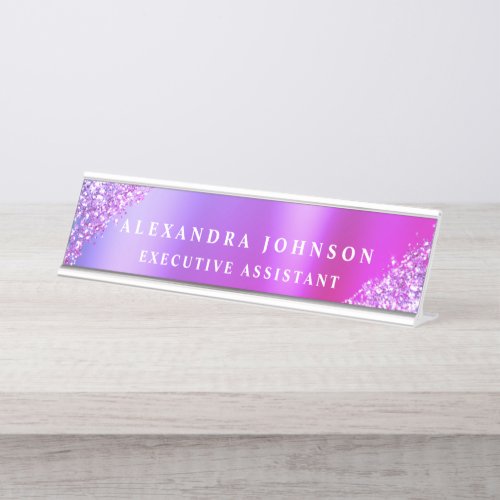 Modern Professional Pink Purple Sparkle Glitter Desk Name Plate
