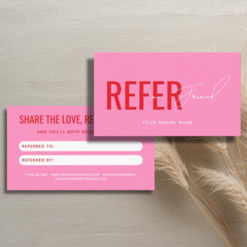 Modern professional pink refer a friend referral card