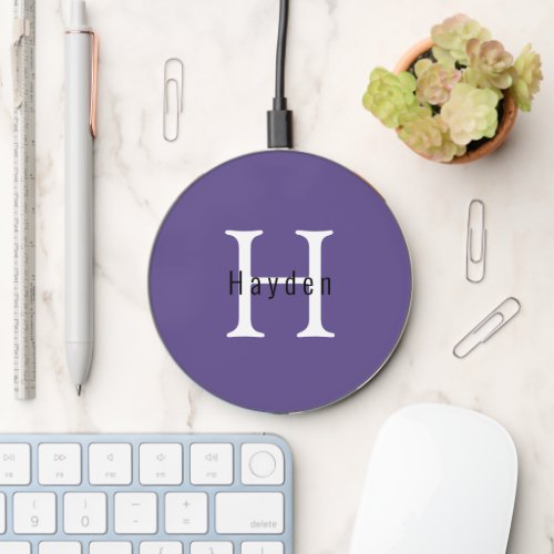 Modern Professional Purple Monogram Name  Initial Wireless Charger