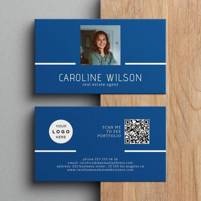 Modern professional QR CODE logo photo royal blue Business Card (Creator Uploaded)