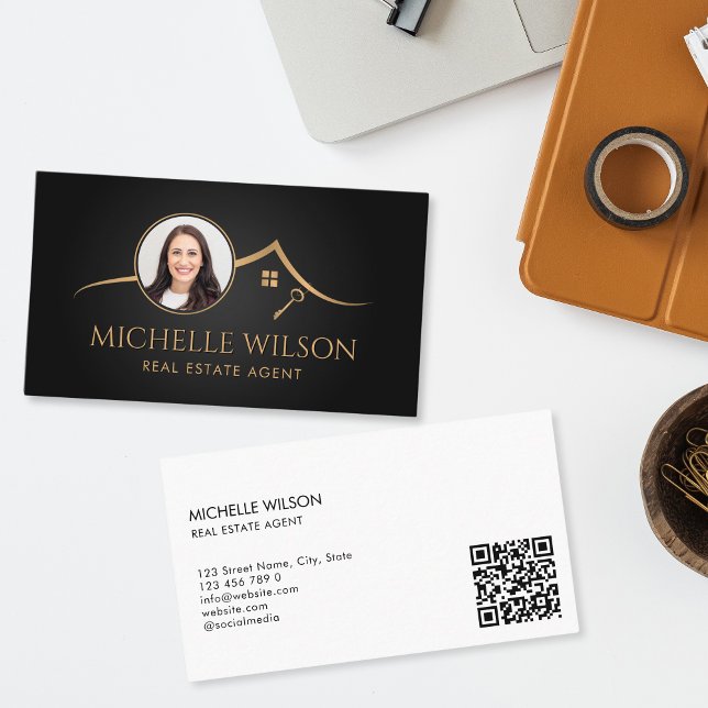 Modern Professional Real Estate Photo QR Code Business Card (real estate business card with gold house roof, keys and a photo, on the black background)