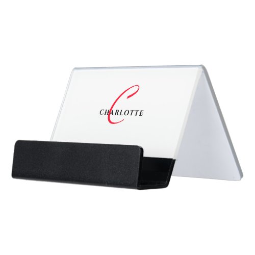 Modern Professional Red Monogram Logo Plain White Desk Business Card Holder